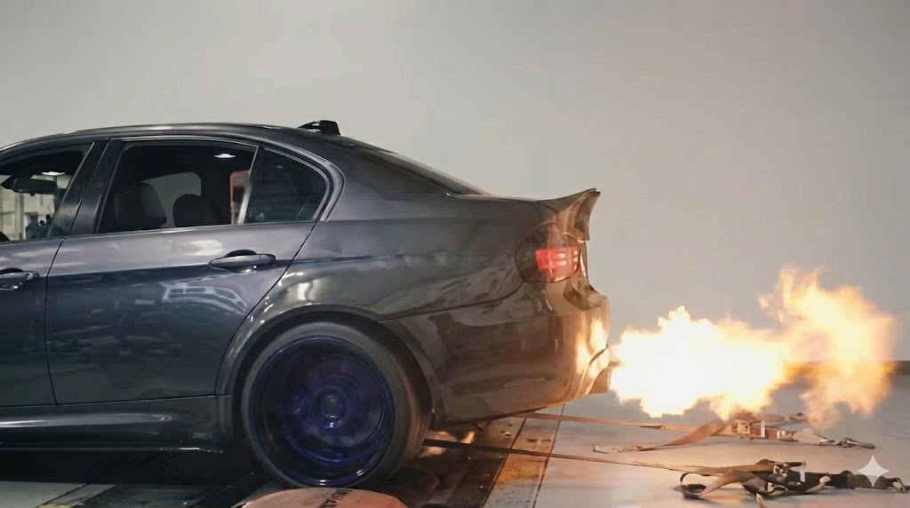 BMW 335i N54 twin turbo on the dyno spitting flames — ECU remap George